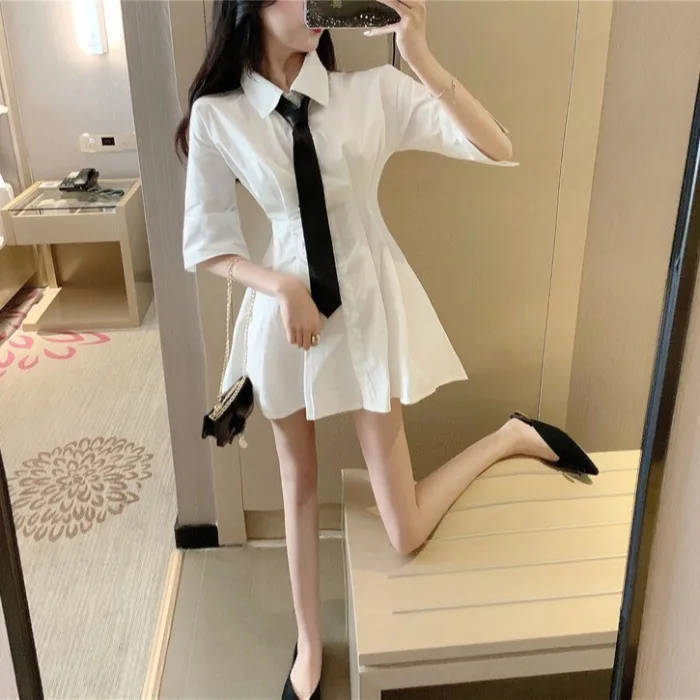 

Blouse Collar Waist-Tight Slimming Youthful-Looking Preppy Style Skirt Spring New Fashion Five-Quarter Sleeve A- line Dress for
