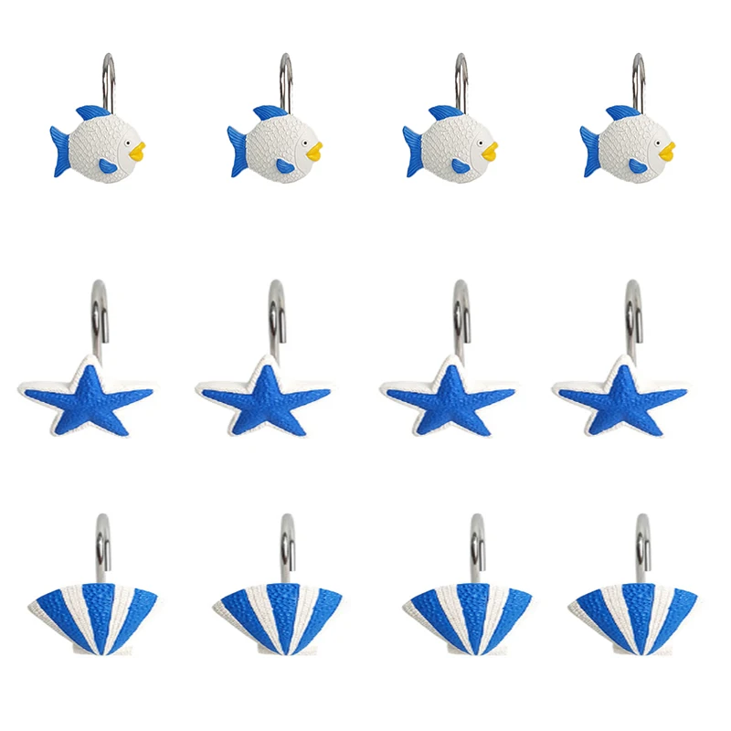 

New Blue Ocean Theme Shape Shower Curtain Hooks Decorative Shower Curtain Hooks for Bathroom, Rustproof Metal Curtain Hooks
