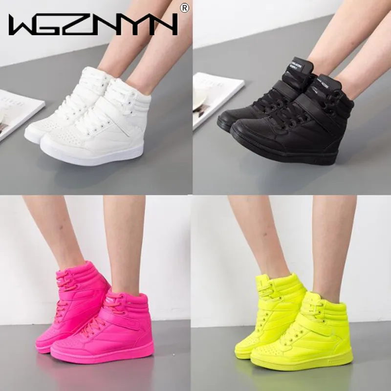 

NEW Woman Breathable High Top Black White Boots Shoes Women Casual Sport Shoes Platform Hidden Increasing Sneakers Leather Shoes
