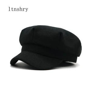 Новинка 2019, осенне-зимний женский берет, яркий однотонный восьмиугольный берет в стиле ретро, женские толстые теплые зимние шапки, Кепка с козырьком