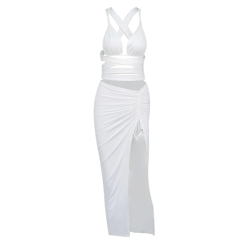 

Ladies Dress Sexy Sling Cross Tie Vest Long Low Waist Solid Color Fold Split Two-piece 2021 Explosive Dress Suit