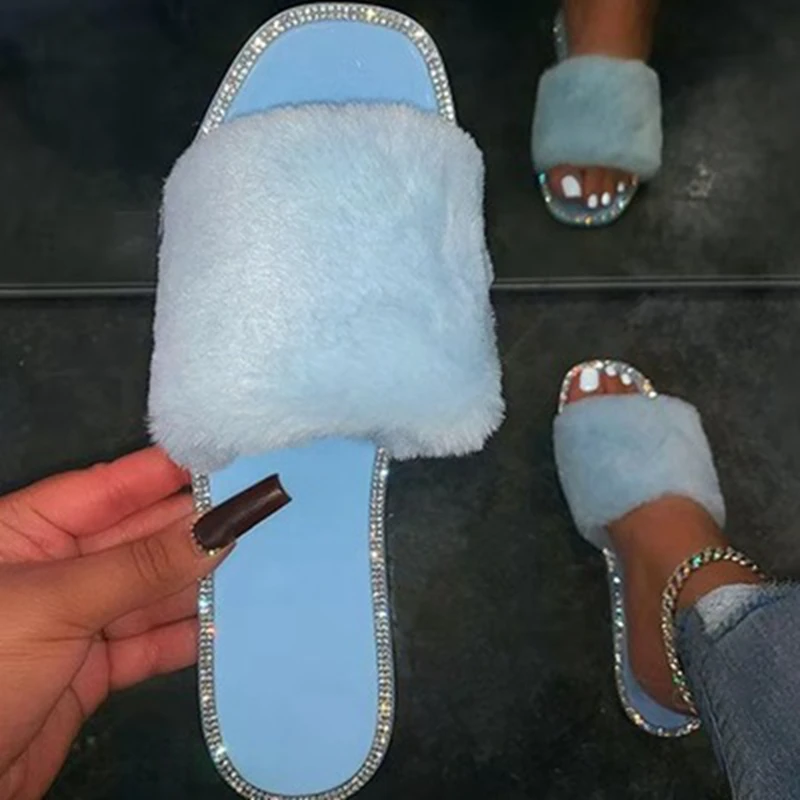 

SIMLOVEYO New 2021 Women Slippers Open Toe Flat Fur Crystal Bling Stylish INS Cool Big Size 36-43 Casual Red Blue Beach B2392