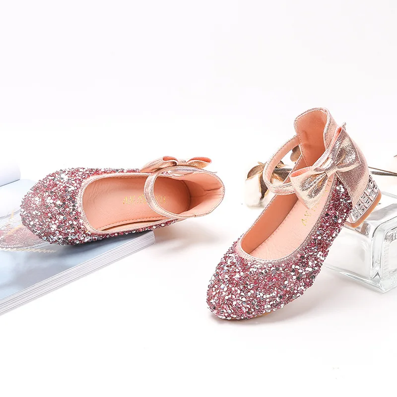 Enlarge Girls Sequin Shiny Princess Shoes 2022 New Little Girl Crystal Heels 4-12 Year Old Children Single Shoes