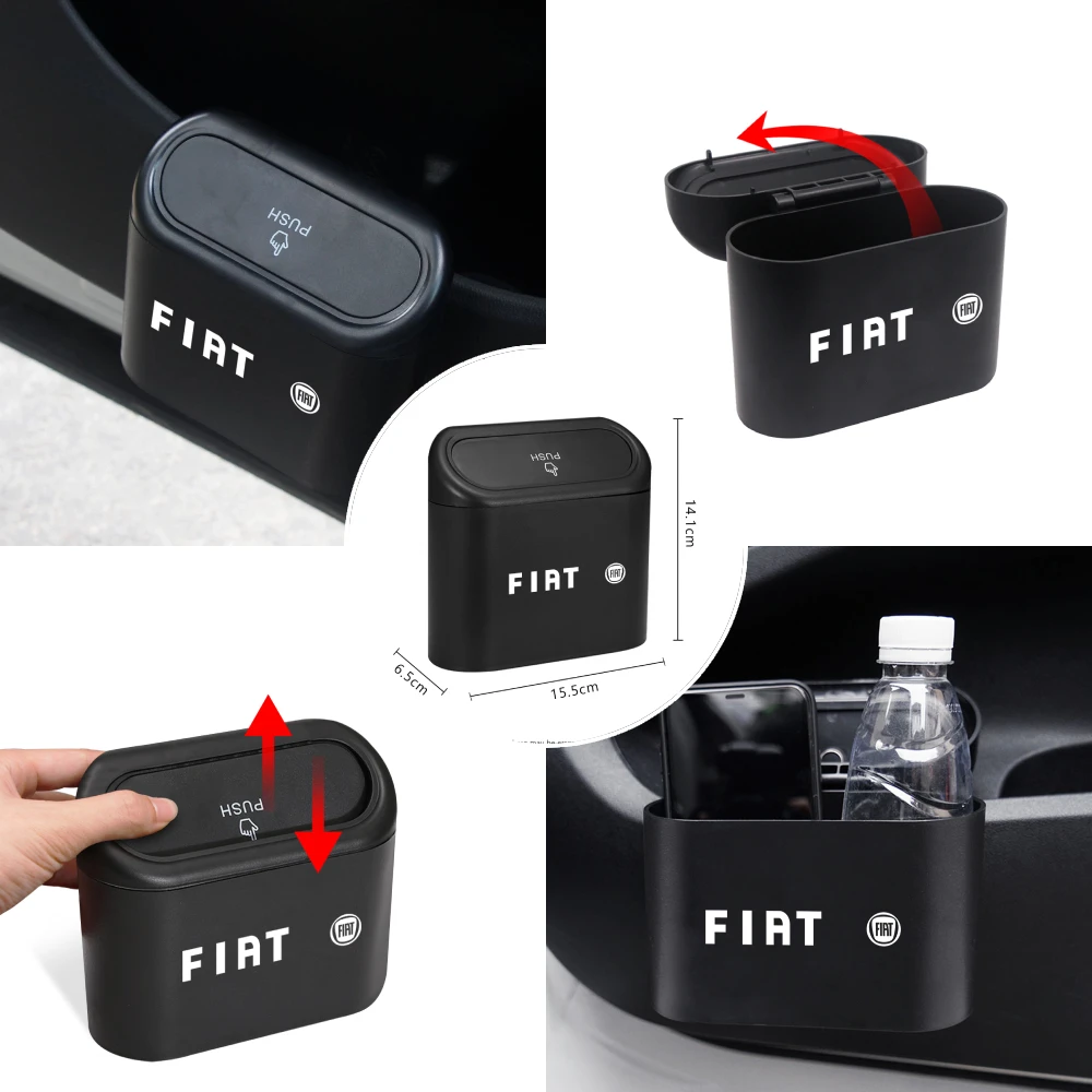 

Car Black Trash Can Organizer Storage Box Pressing Type Rubbish Bin Auto Logo Wastebasket For FIAT 500 Punto Abarth Bravo Panda