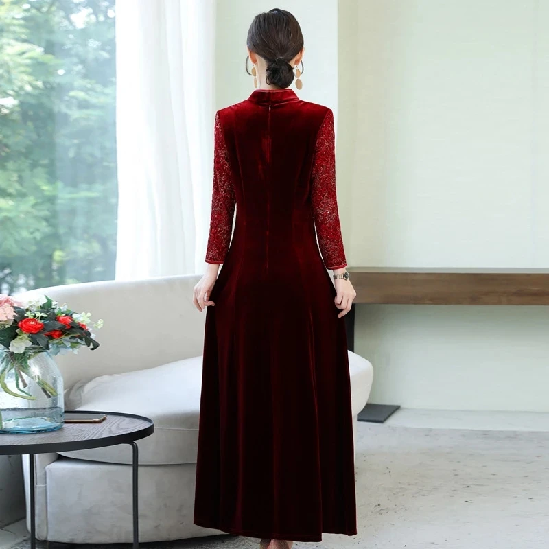 

2020autumn new gold velvet modified version cheongsam long-sleeved red dress female M-6XL high quality elegant Party vestidos