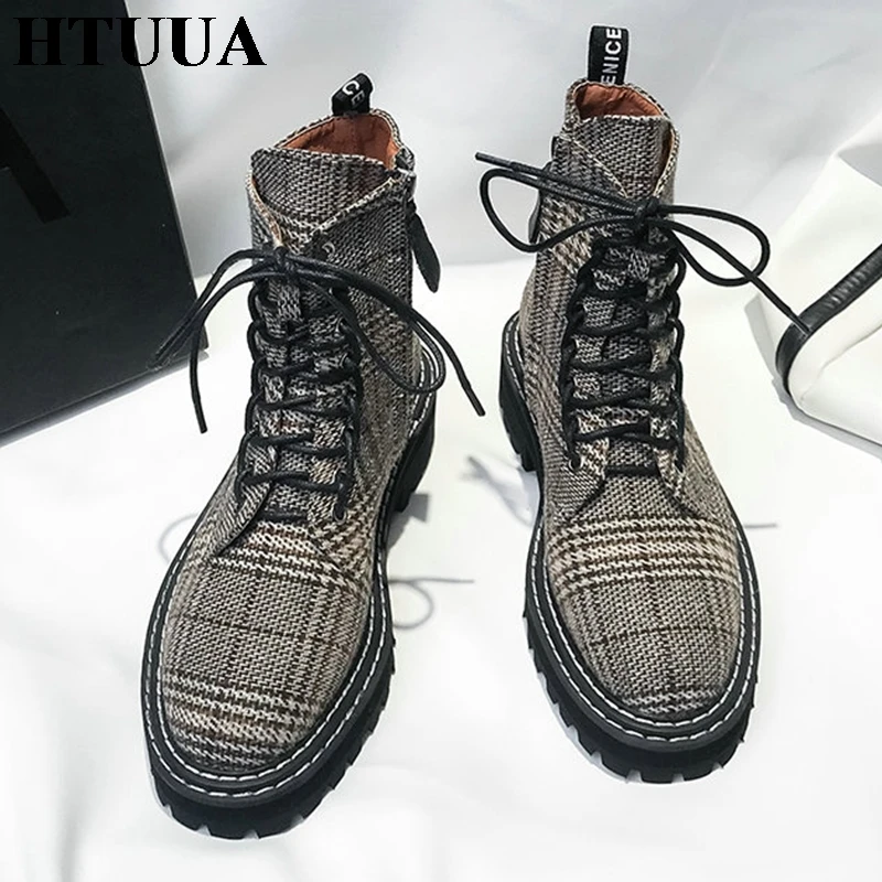 HTUUA/теплые плюшевые зимние ботинки женские короткие ботильоны на шнуровке в