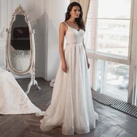 sexy spaghetti straps v neck wedding dress with glitter tulle a line sweep train backless bridal gown robe de mariee