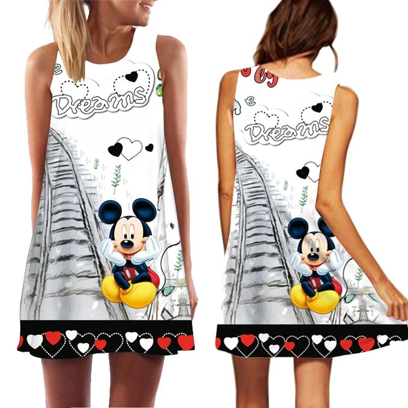 

Women Mickey Mini Tank Dress Summer Vintage Cartoon Print Oversize Sleeveless Sweet Sundress Round Neck Robes Strapless Vestidos