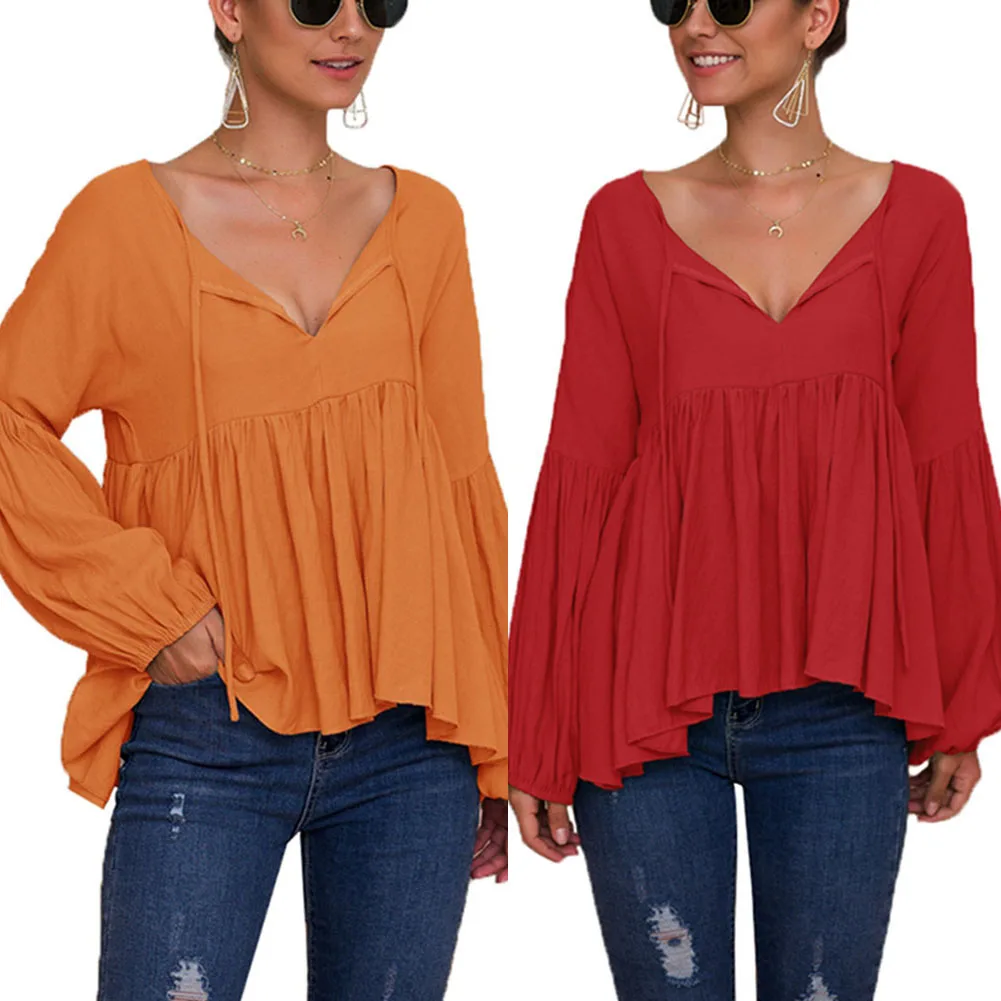 

2020 New Women solid v neck casual smock blouse ladies chic Lantern sleeve Smock poplin femininas Christmas shirt top For Female
