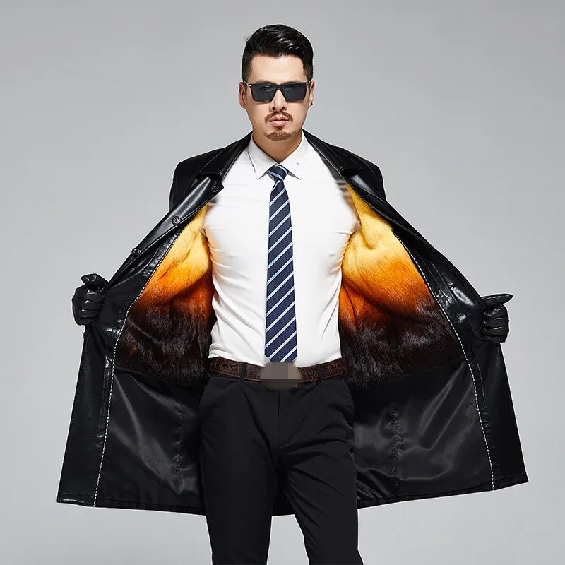 Мужская кожаная ветровка высокого качества брендовая зимняя теплая длинная