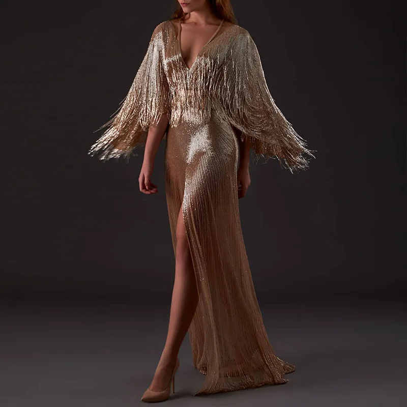 Женское блестящее платье макси с V образным вырезом и рукавом накидкой|Женские