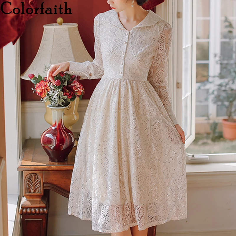 Colorfaith новинка 2020 весенне осеннее женское платье кружевное с отворотом на молнии