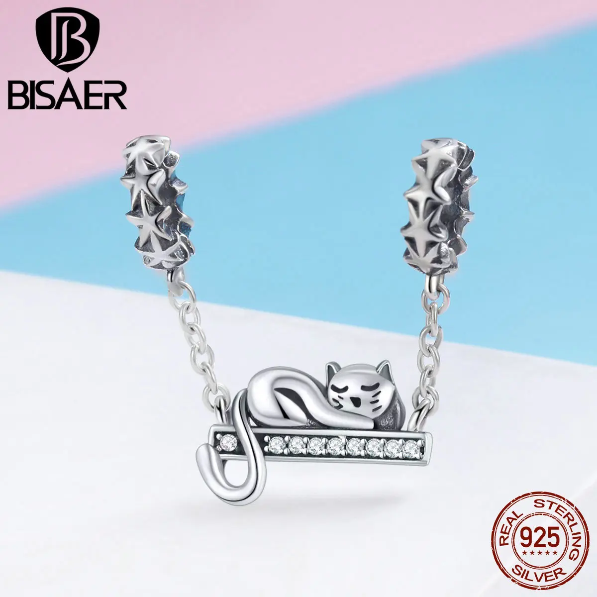 BISAER 925 пробы Серебряный спящий Кот Подвески светящиеся звезды бусины подходят для очаровательных браслетов подлинное Серебро 925 Изготовление ювелирных изделий