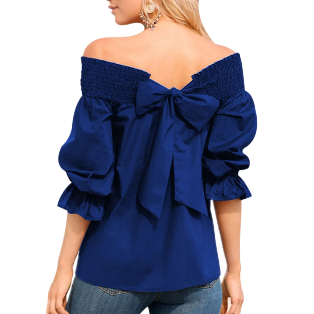 

Sexy Strapless Spring and Summer Women's Blouse Shirt Bow Tie Blouse Slash Neck Elegant Ladies Blouse Casual Loose Top Blusa