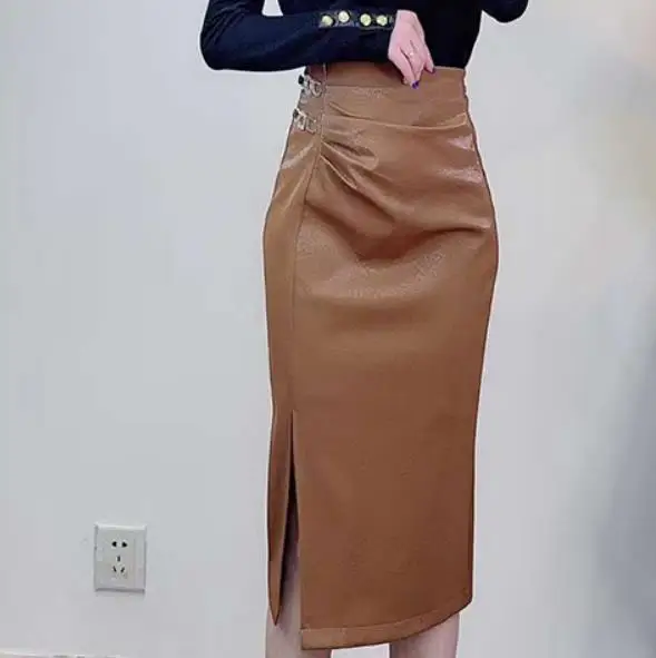 Осенне-зимняя юбка из искусственной кожи с Боковым Разрезом женская модная