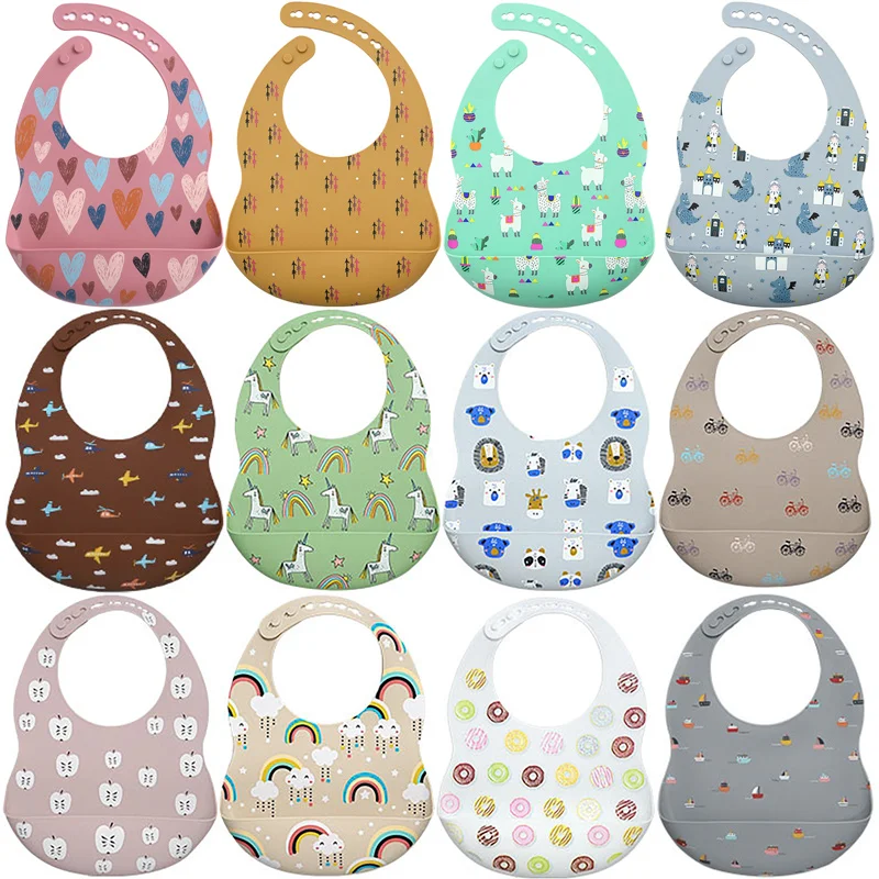 

1pc Cute Baby Bibs Waterproof Soft Silicone Cartoon Print Kids Girl Boy Adjustable Children Bib Baby Accessories