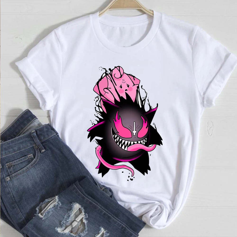 

2021 Fashion Pokemon T-shirt Kawaii Anime Funny Gengar Tshirt Women Casual Clothes Cute Print Short Sleeve Cartoons Tees Femme