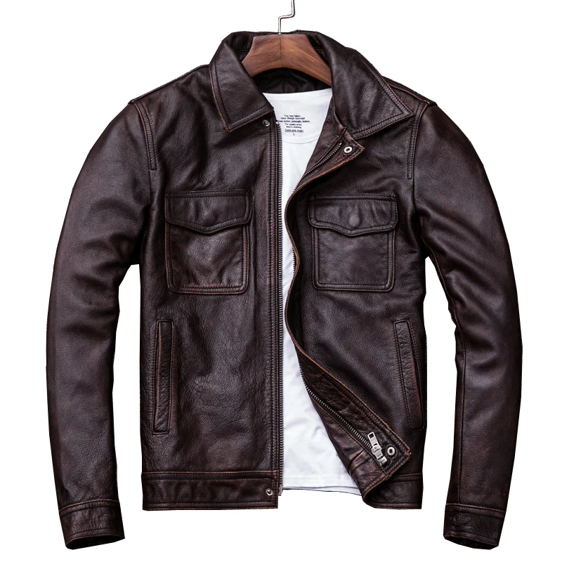 AMEKAJI head layer cowhide retro stone mill do old leather leather motorcycle leather jackets men brief paragraph
