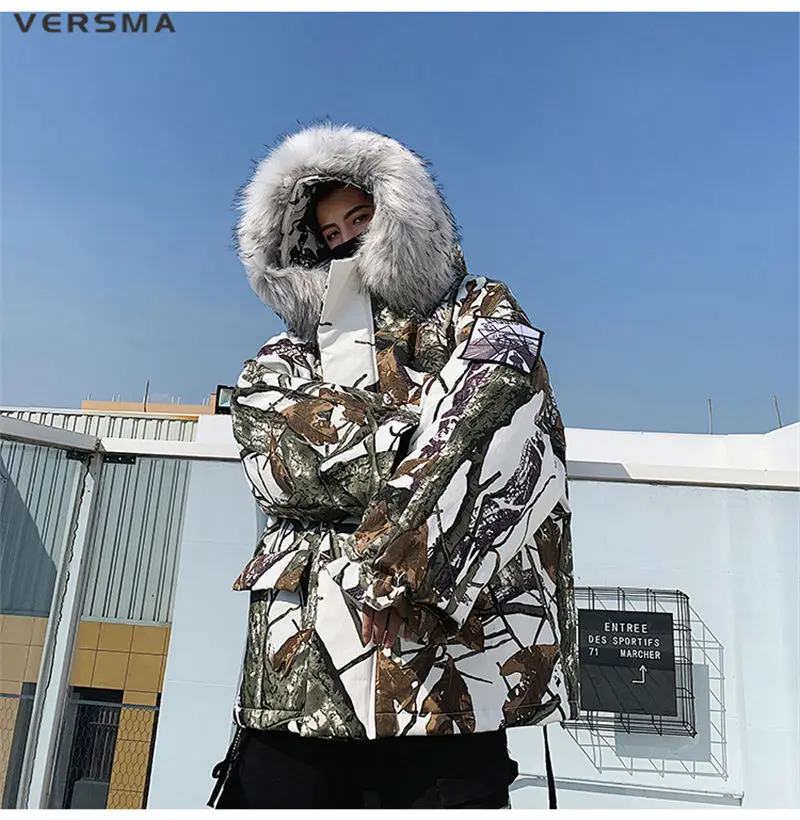 VERSMA корейский Камуфляж меховой воротник Длинная зимняя куртка Мужское пальто парка теплый капюшон хип хоп негабаритных Длинные мужские куртки пальто парки