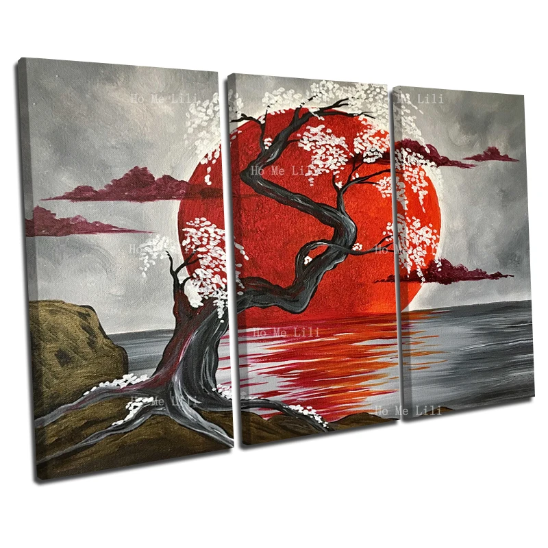 

Japanese Crimson Moon Painting Cherry Trees Lake Canvas Wall Art By Ho Me Lili For Livingroom Bedroom Decor
