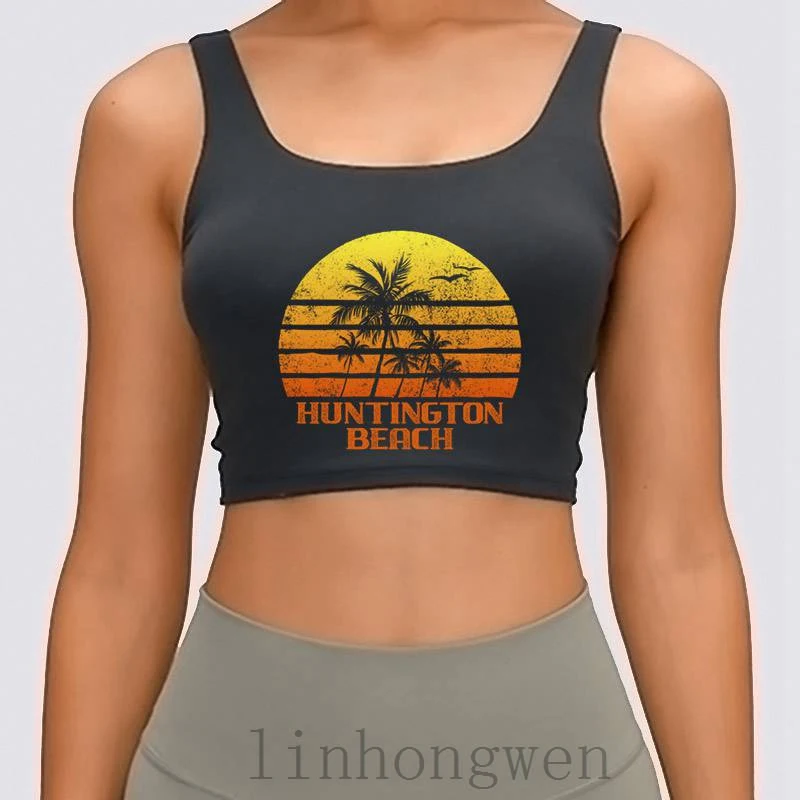 

Vintage Retro Huntington Beach Sunset Women Tank Top Unique Interesting Cotton O-Neck Crop Top