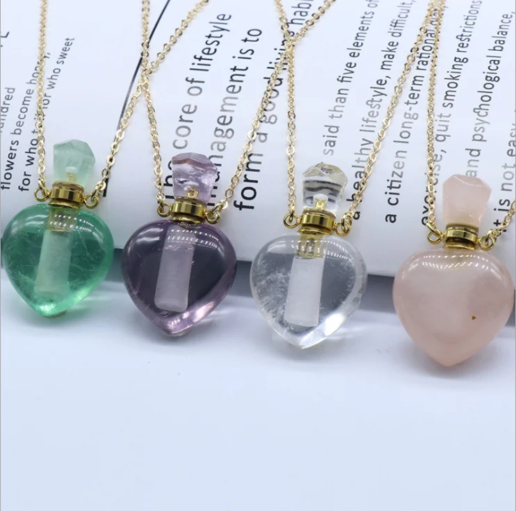 

Hot Sale Natural Crystal Heart Shape Perfume Bottle Healing Necklace Essential Oil Diffuser Charms Pendant For Jewelry Making