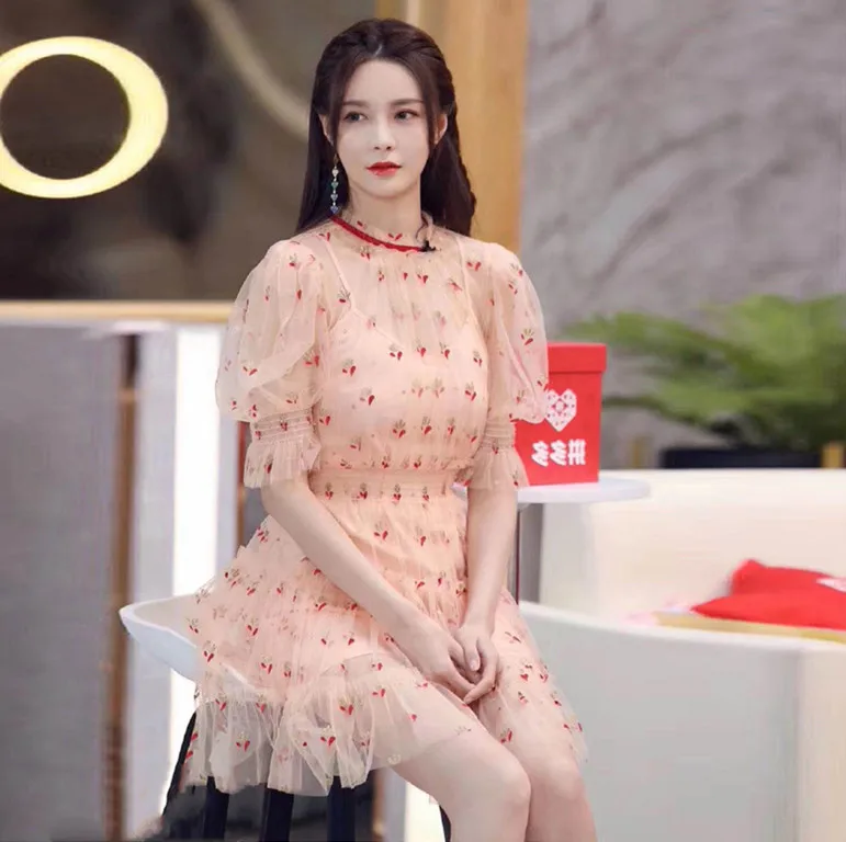 

Women Dress Flocking Holiday Beach Dress 2020 New Arrival Mesh Sweet Print Puff Sleeve Dress
