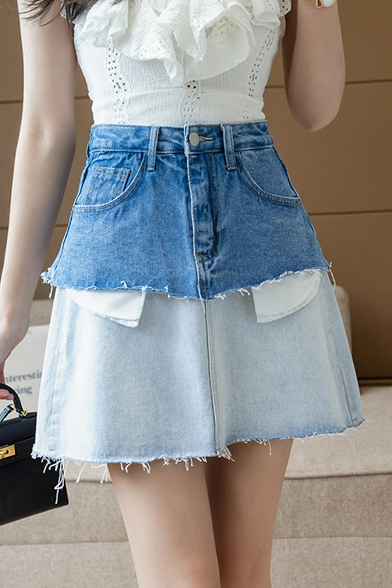 

Personality Contrast Color Stitching Mini Denim Skirt Female Women's Summer 2021 High Waist A Line Short Skirt Faldas Mujer Moda