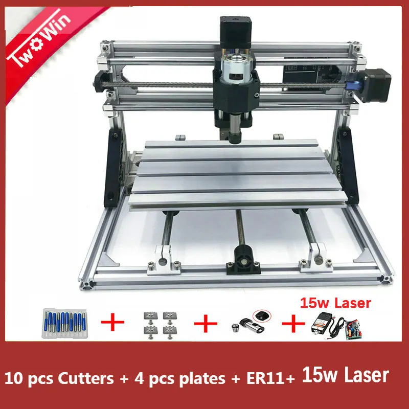 with 15w laser 3018 с ER11 Diy мини лазерный гравировальный станок с чпу наборы 3 оси акрил Pcb ПВХ фрезерный станок древесины маршрутизатор GRBL управления - Цвет: with 15w laser