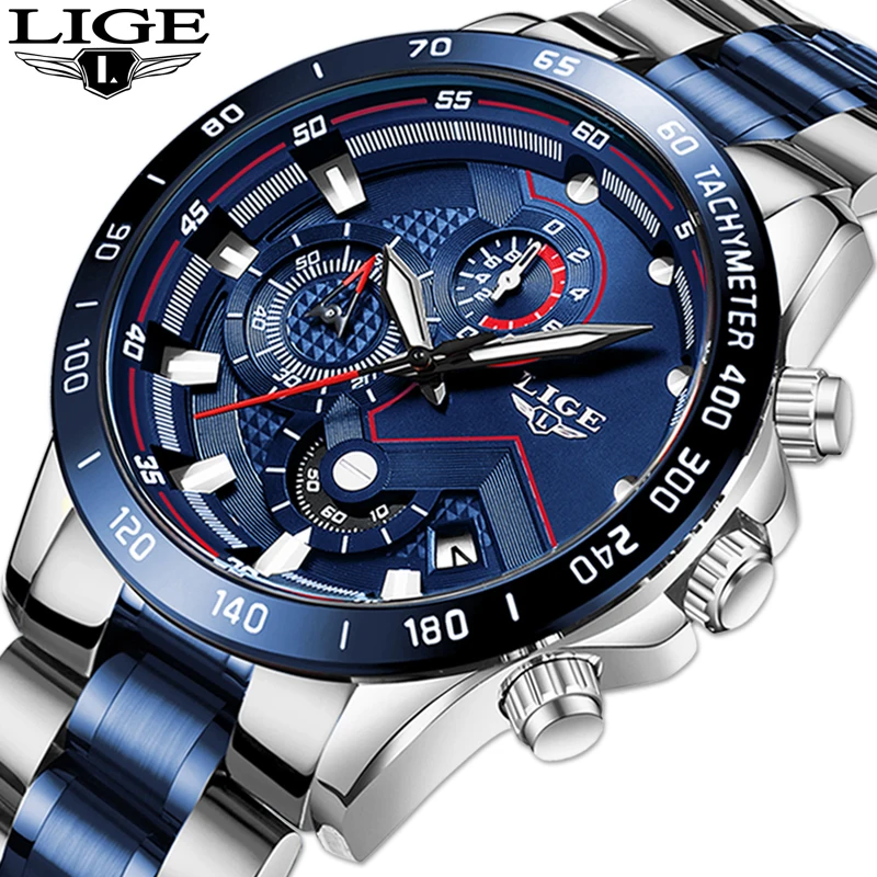 

LIGE Men's Watch Top Luxury Brand Big Dial Blue Quartz Men Watches Chronograph Sport Wristwatch Man Stainless Steel Date Clock