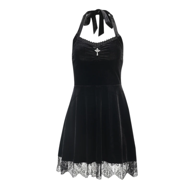 Женское бархатное платье с лямкой на шее открытой спиной и высокой талией |