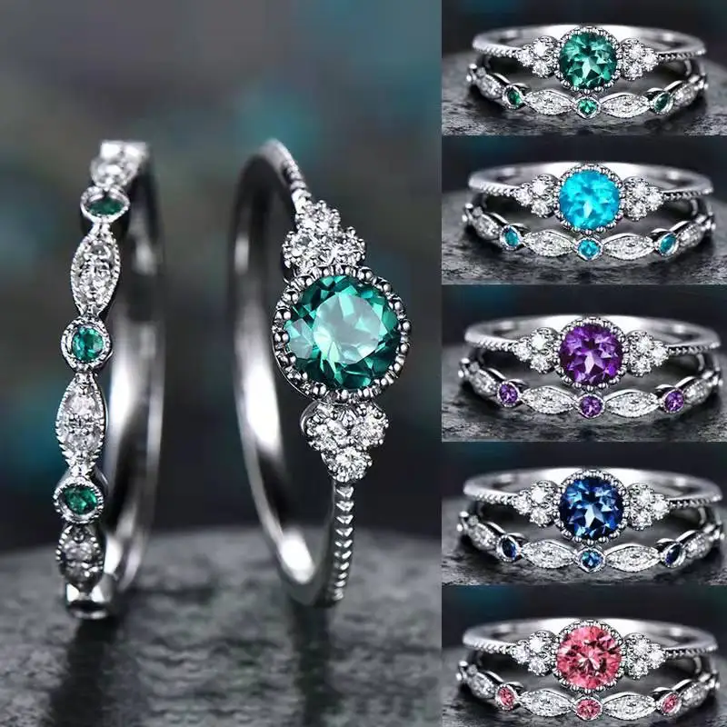 

Luxury 2 Pieces/Set Of Rings For Women Round Inlaid Sapphire Amethyst Emerald Pink Crystal Bridal Wedding Jewelry Anillos