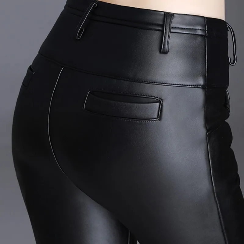 

Winter Women Warm Fleece Lining Pu Leather Pants High Waist Buttons Skinny Pencil Pants Warm Casual Sexy Slim Fit Long Trousers