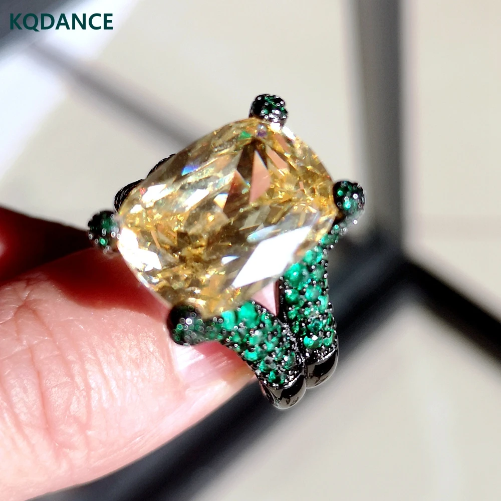 

KQDANCE Luxury Black Zircon Created Citrine emerald Gemstones diamond Rings With big green/Yellow stone Jewelry Dropshipping