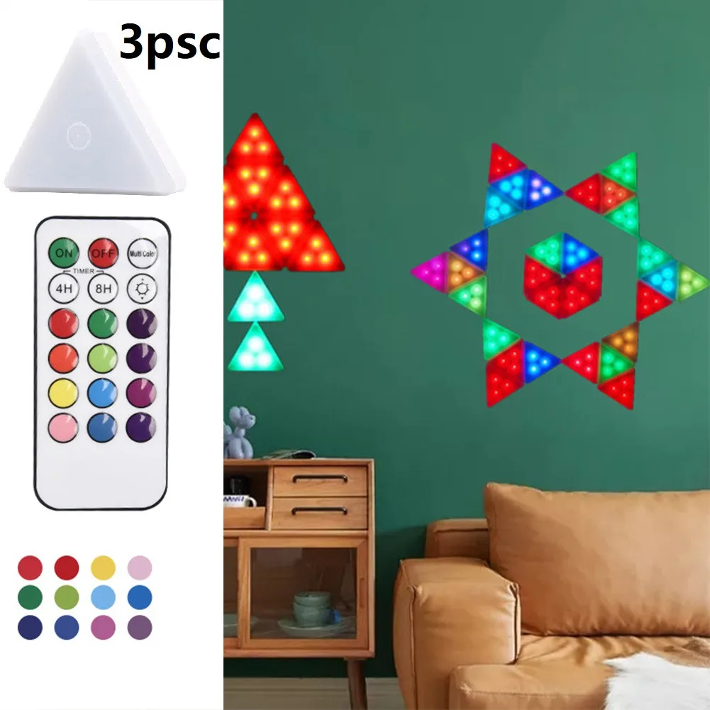

Треугольные светильники для шкафа RGB с дистанционным управлением, дизайн «сделай сам», 13-цветное Сенсорное приглушаемое беспроводное освещ...