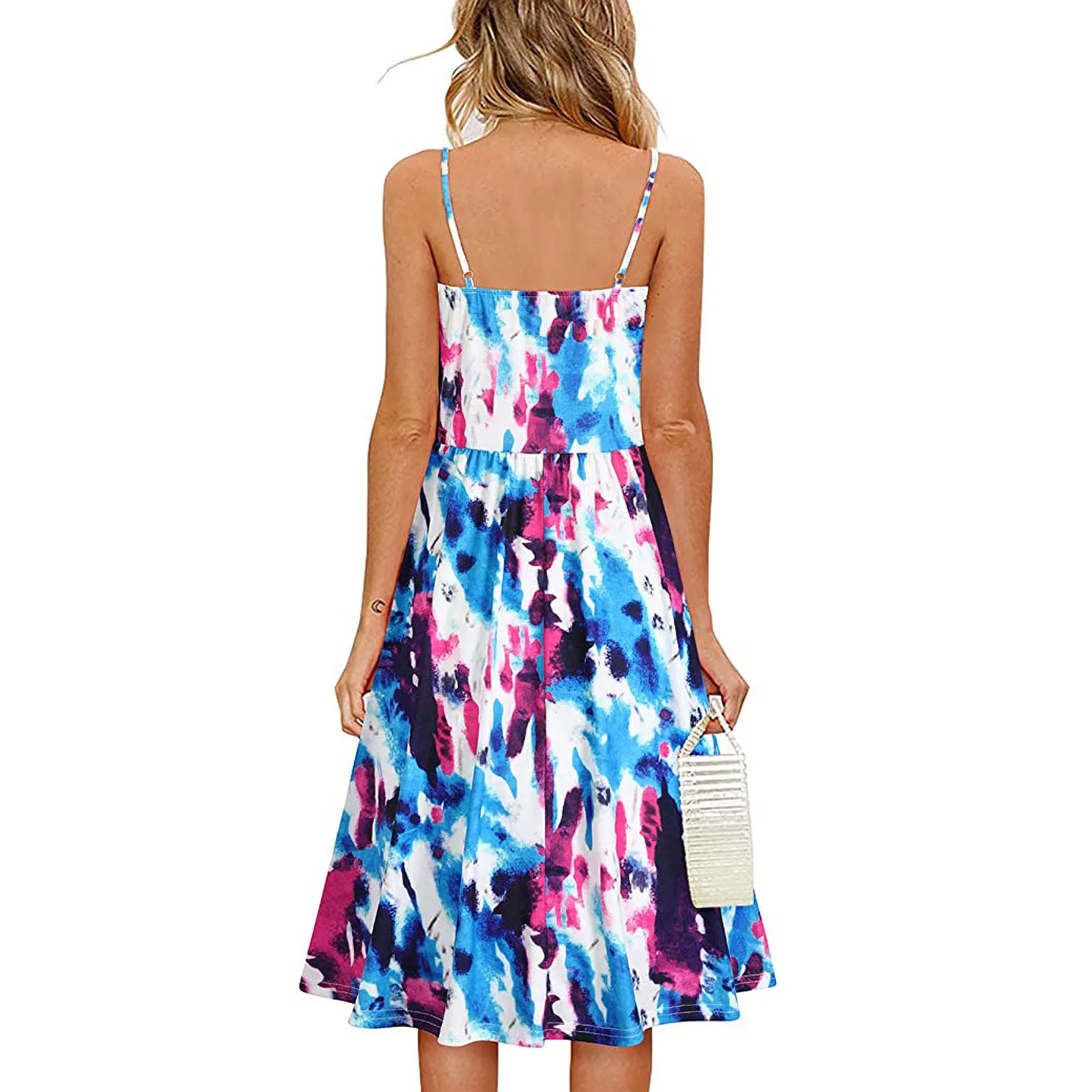 

Women Beach Dresses Fashion Summer Seaside Sling Sleeveless V-neck Printing Casual Dress Spaghetti Strap