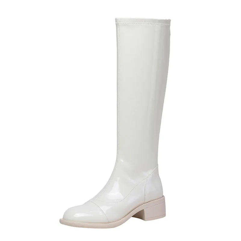 

FOREADA Woman Boots Med Heel Knee High Boots Chunky Heel Long Boots Zip Round Toe Female Shoes Autumn Winter Beige Blue Size 40