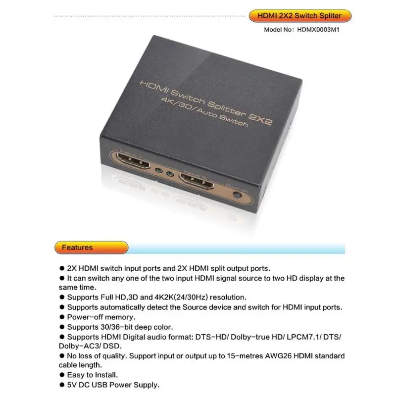 ALLOYSEED 2x2 Переключатель HDMI 2 Вход 2 Выход HDMI разделитель, сплиттер адаптер Поддержка 4K 3D 1080P для PS4 HDTV PC DVD плеер