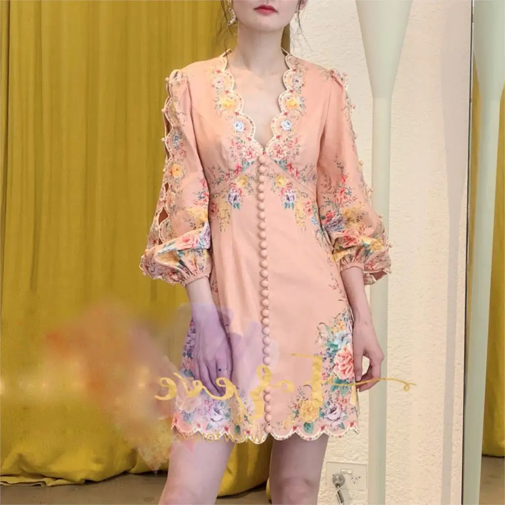 

Runway 2020 Summer Designer Fashion Women's Lantern Sleeve Cotton Button Flower Print Elegant Party Dress vestidos
