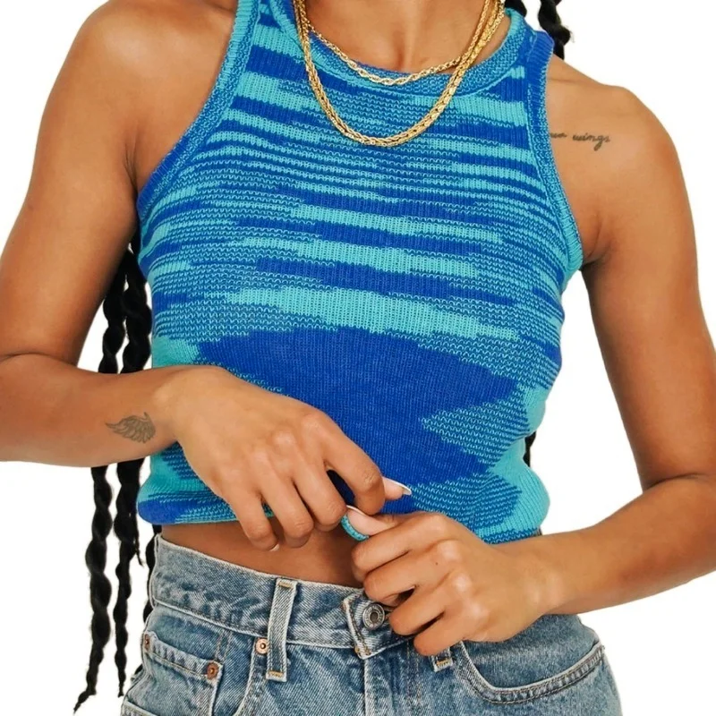 

Женский трикотажный топ без рукавов, голубой топ с открытыми плечами и круглым вырезом, лето, 2021