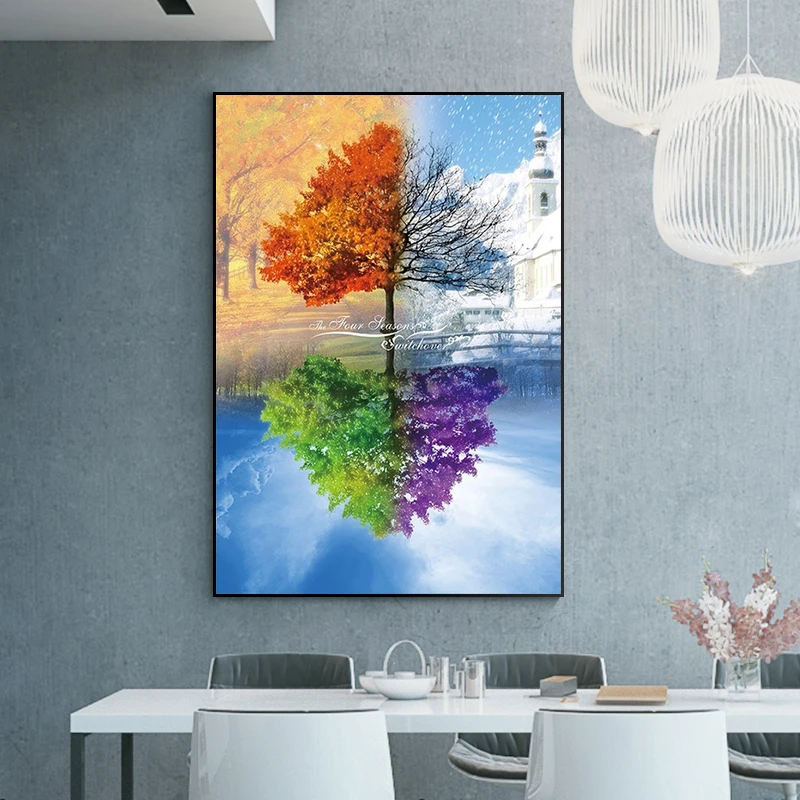 Картина на холсте четыре сезона с пейзажем деревьев плакаты и принты без рамки HD
