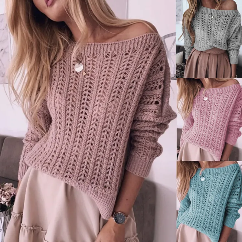 

Women Slash Neck Hollow Sexy Knit Pullovers Sweaters Winter
