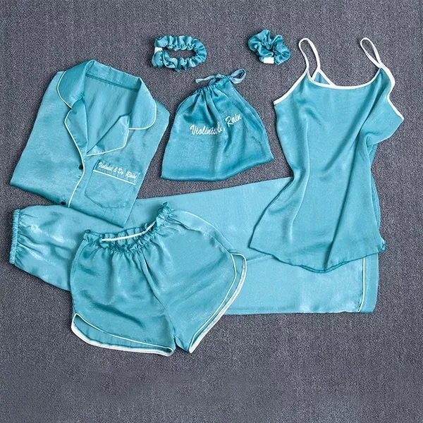 

Autumn New Women 7PCS Pajamas Suit Turn-down Collar Shirt&Pant Home Clothes Lounge Satin Nightwear Letter Print Sleepwear