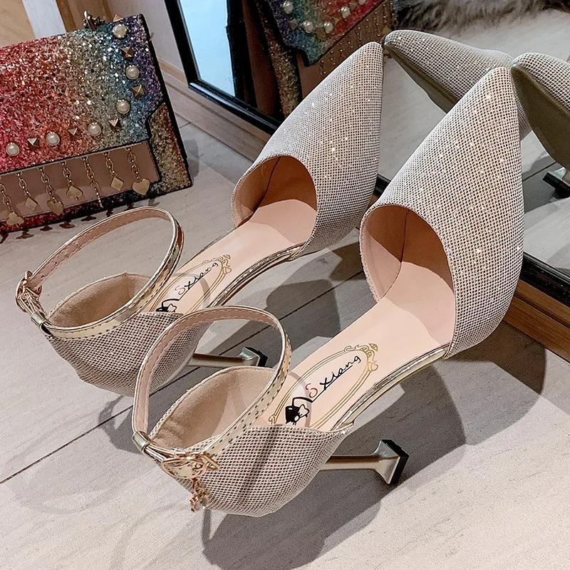 

Buckle Strap 2021 Sandals High Heels Ladies Shoes Summer Suit Female Beige New Sexy Stiletto High-heeled Girls Comfort Pointed F