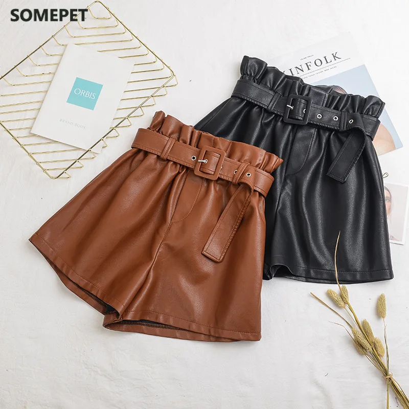 

2021 High Waist PU Leather Shorts Women Wide Leg Female Show Thin Style Spring Autumn Casual Loose Short