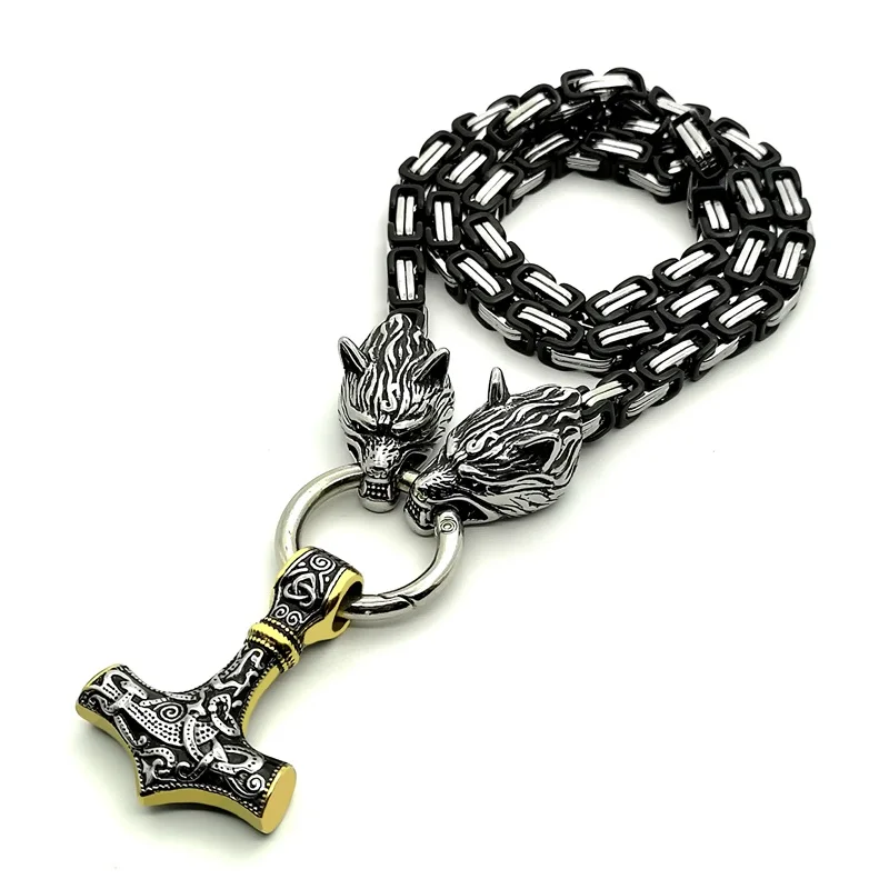 

Men stainless steel viking wolf head king chain with Nordic Viking amulet Thor hammer pendant necklace fashion Viking jewelry