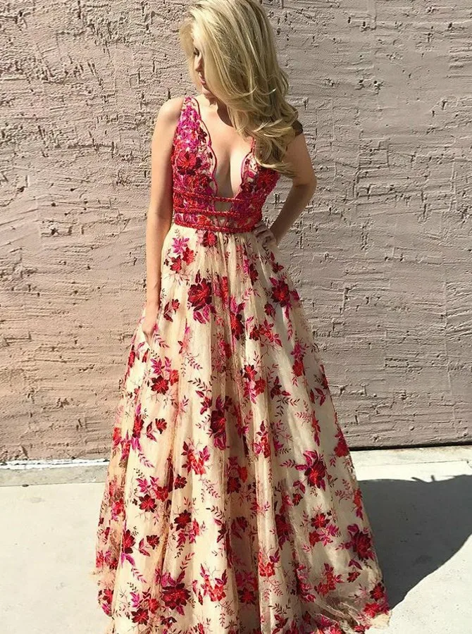 Элегантное платье для выпускного вечера а-силуэт глубокий v-образный вырез цвет