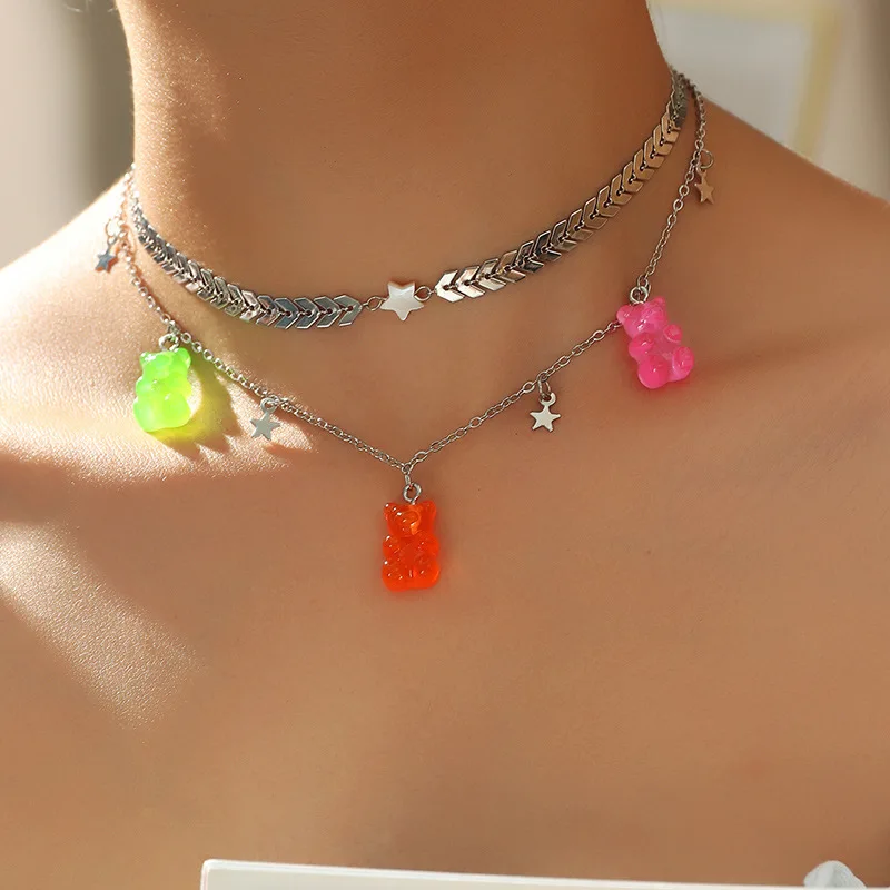 

Double Layer Silver Color Clavicle Chain Choker Short Necklaces Sweet Candy Color Small Bear Pendant Necklaces Jewelry For Women