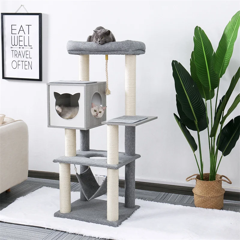 

Domestic Cat Tree Tower with Hammock Scratching Post Cat Condo Nest Funny Toy Cat Gray Crawler Tree Scratched Scissors Tree