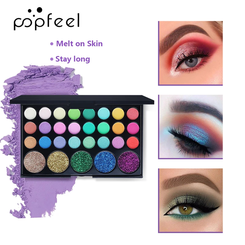 POPFEEL 29 цветов блестящий глиттер палитра теней для век с набором кистей макияжа| |